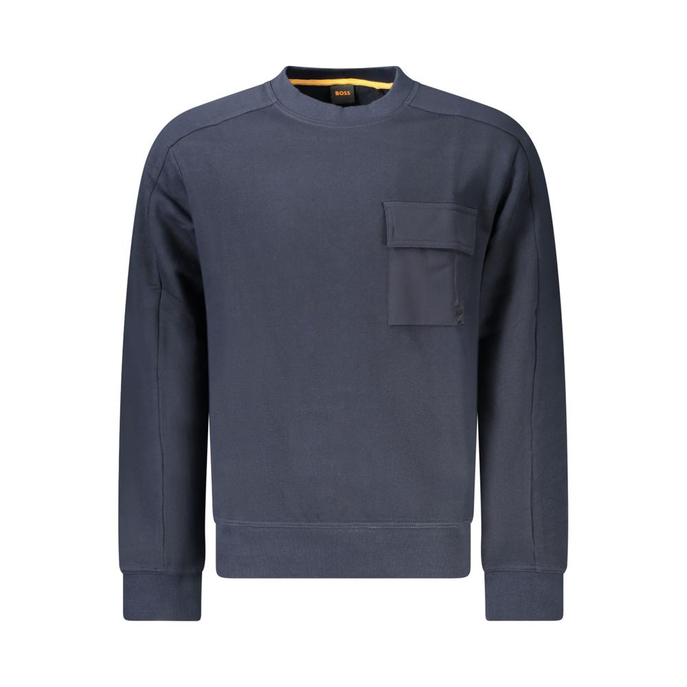 Hugo Boss Blue Cotton Men Sweater with brushed crew neck and contrasting details, made from premium organic cotton for style and comfort.