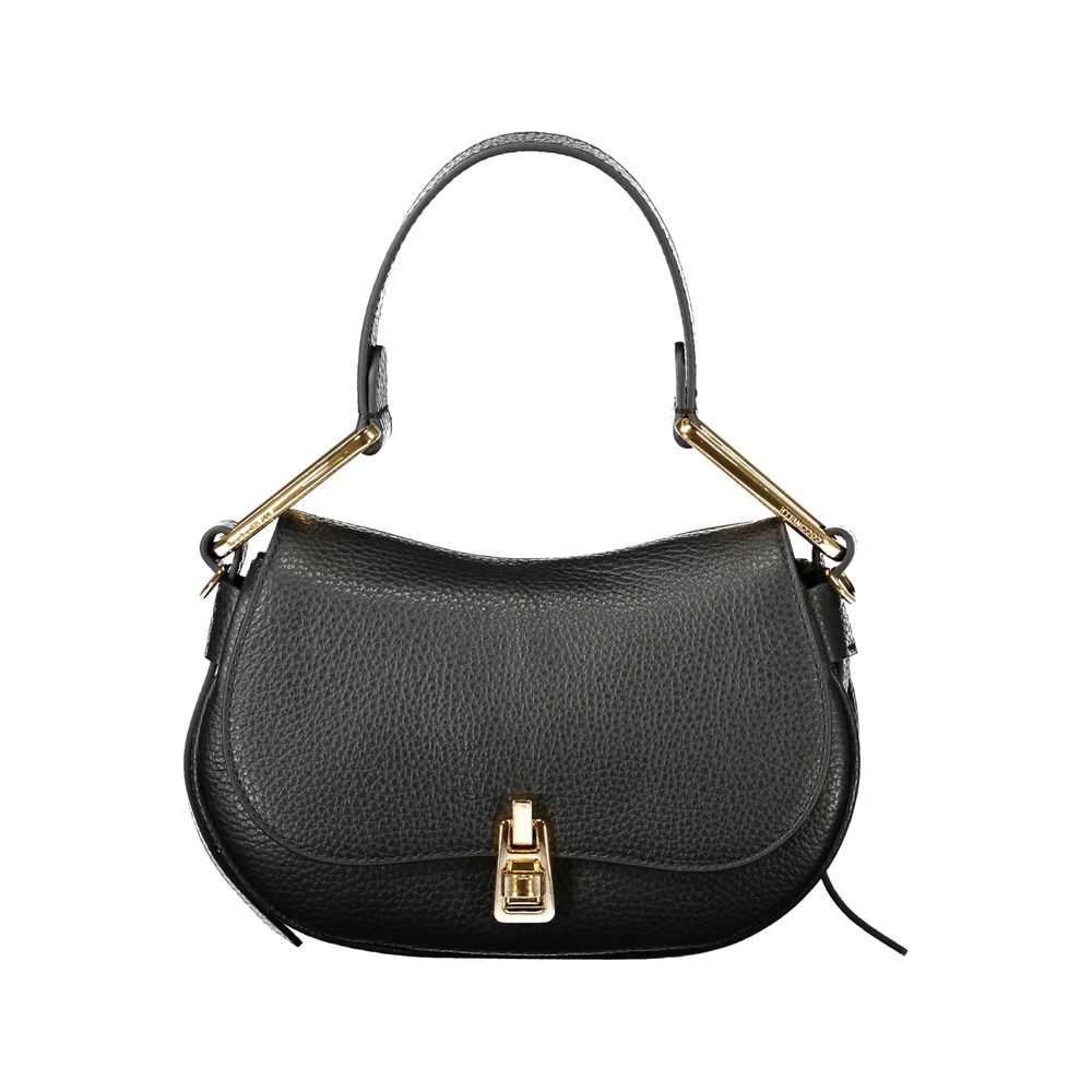 Coccinelle Black Leather Handbag with adjustable strap, twist closure, and logo detail. Features internal pocket.