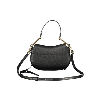 Coccinelle Black Leather Handbag with adjustable strap, 1 handle, and twist closure, featuring logo and internal pocket.