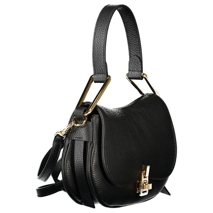 Coccinelle Black Leather Handbag with single handle, adjustable strap, internal pocket, and twist closure, featuring the logo.
