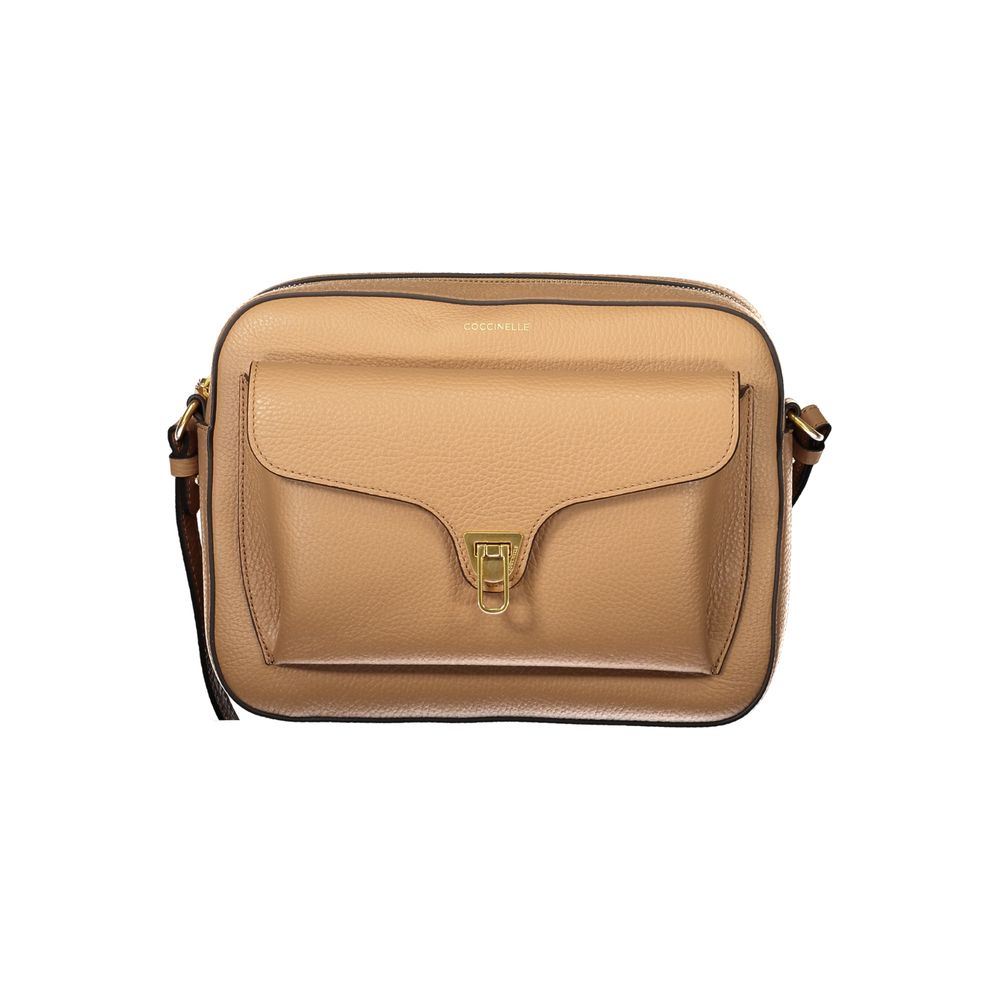 Alt Tag: Coccinelle Brown Leather Handbag with adjustable shoulder strap, external pocket, internal pocket, zip and rotary closure, logo.