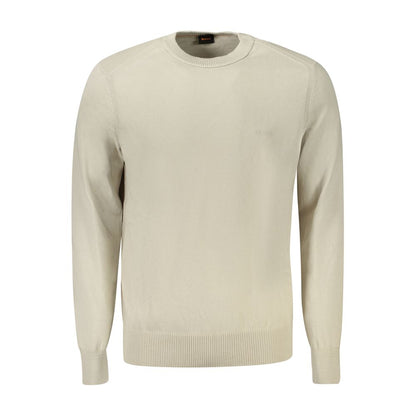 Hugo Boss Beige Cotton Sweater with long sleeves, crew neck, and embroidered logo.