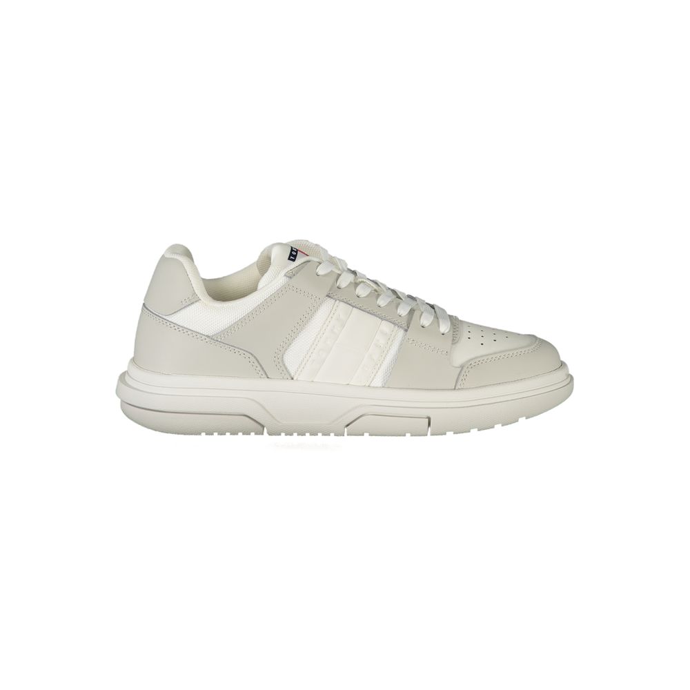 Tommy Hilfiger White Polyester Sneaker with grey details, removable footbed, sports shoe design, and logo print.