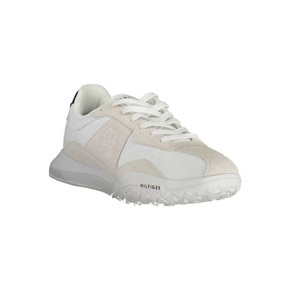 Tommy Hilfiger White Polyester Sneaker with laces and logo, made from 100% recycled polyester, featuring contrasting details.