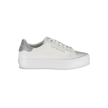 Calvin Klein White Polyester Sneaker, 100% recycled, sports shoe with laces, contrasting details, and logo print.