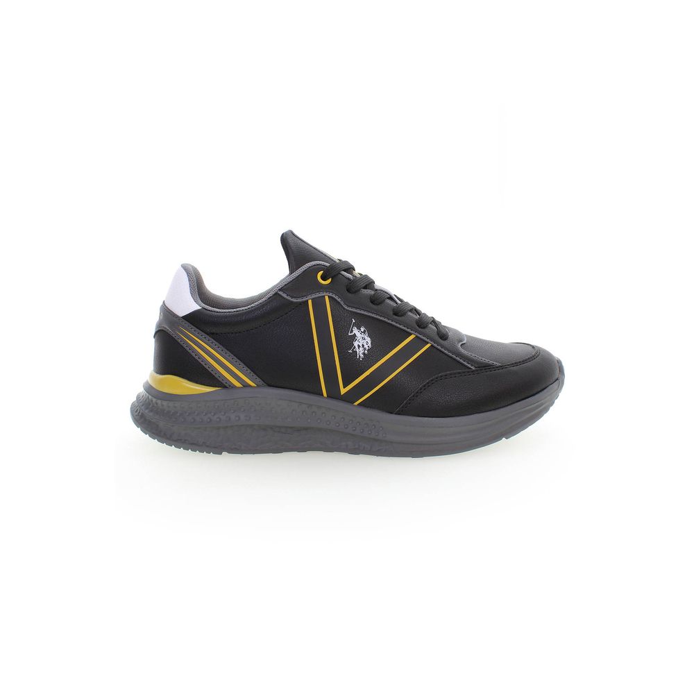 U.S. POLO ASSN. Black Polyester Sneaker, sports shoe with laces, contrasting details, logo on side view.