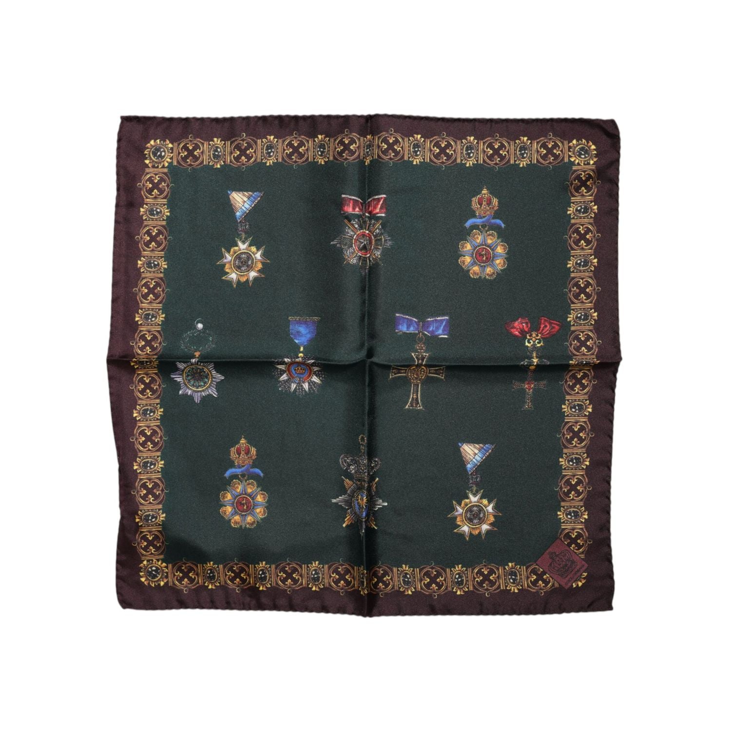 Dolce & Gabbana Green Medals Silk Square Foulard Scarf