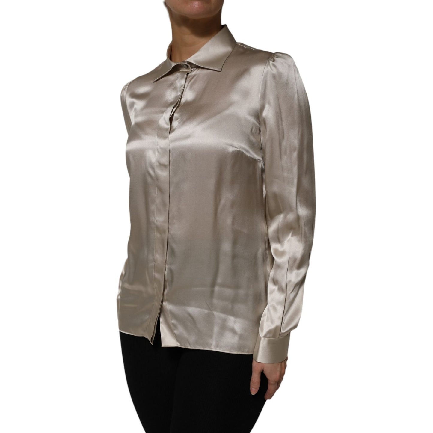 Dolce & Gabbana Beige Satin Silk Collared Long Sleeves Top