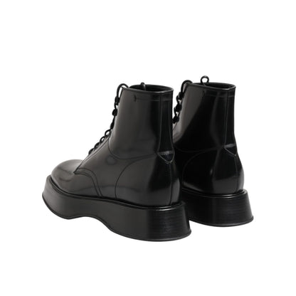 Dolce & Gabbana Black Leather Logo Ankle Boots Lace Up Shoes