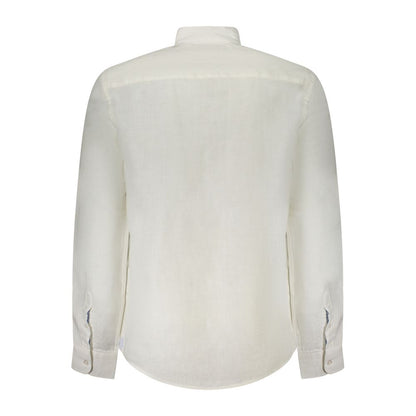 Back view of North Sails White Linen Shirt with long sleeves and Korean collar