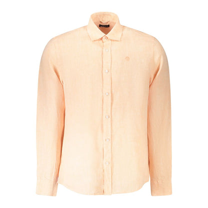 North Sails Pink Linen Shirt with Italian collar and 1 button cuffs, featuring logo embroidery. Ocean positive product.