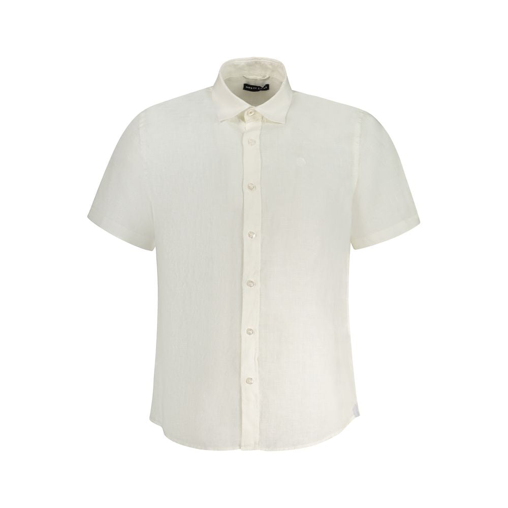 North Sails White Linen Shirt with Italian collar and short sleeves, featuring buttons and logo embroidery, Ocean Positive design.