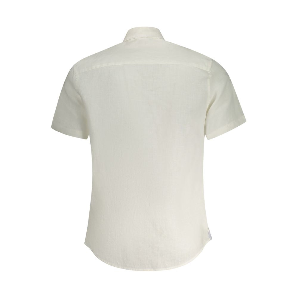 Rear view of North Sails White Linen Shirt with short sleeves, Italian collar, buttons, and logo embroidery.
