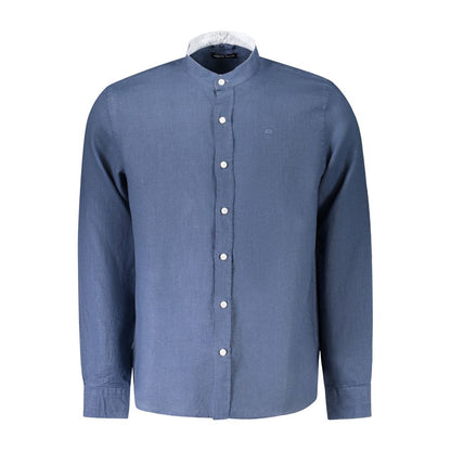 North Sails Blue Linen Shirt with long sleeves, Korean collar, button cuffs, and embroidery logo. Ocean Positive, stylish casual wear.
