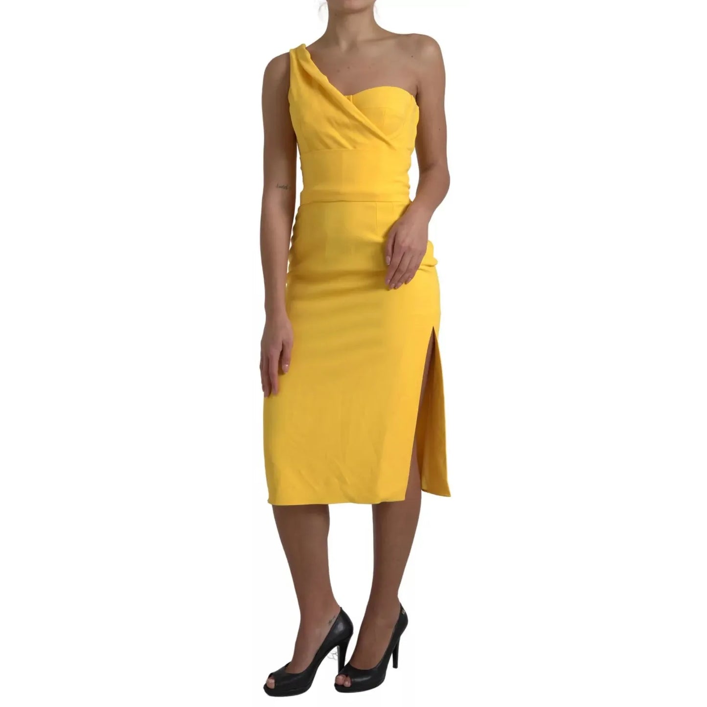 Dolce & Gabbana Yellow One Shoulder Side Slit Sheath Dress