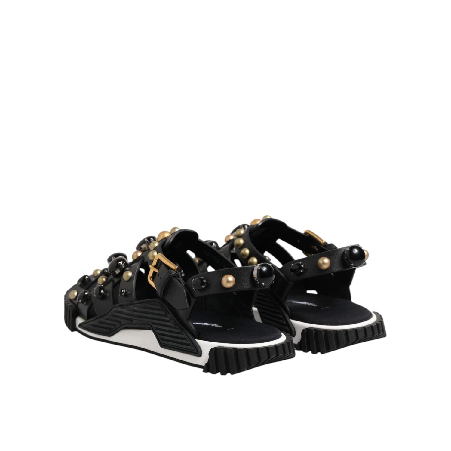 Dolce & Gabbana Black Leather Studded Ankle Strap Sandals Shoes
