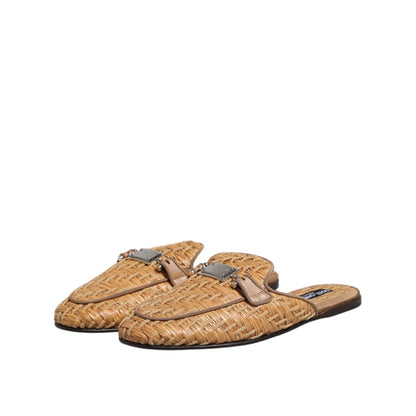 Dolce & Gabbana Beige Rattan Flat Mule Men Sandals Shoes