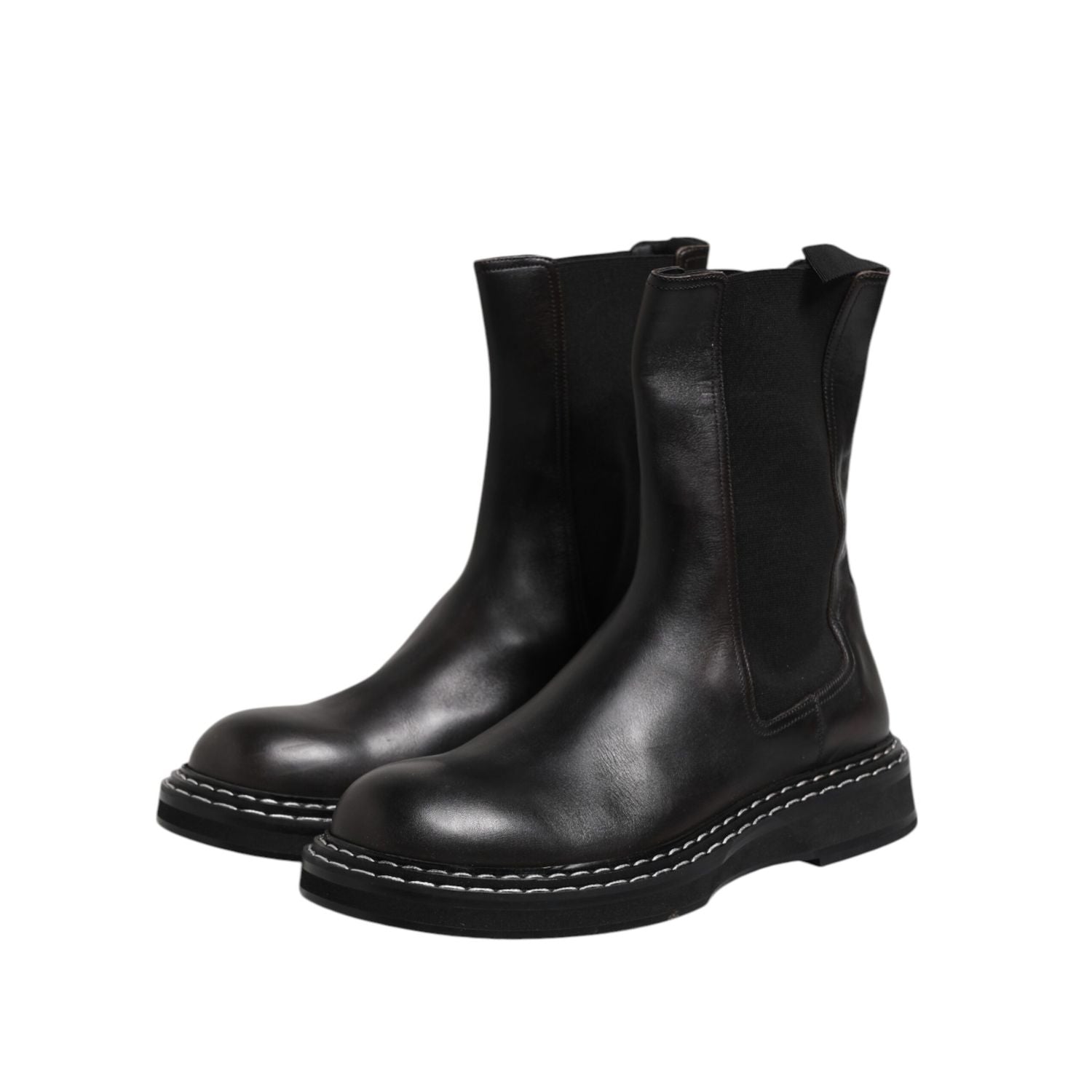 Dolce & Gabbana Black Leather Mid Calf Boots Flats Shoes