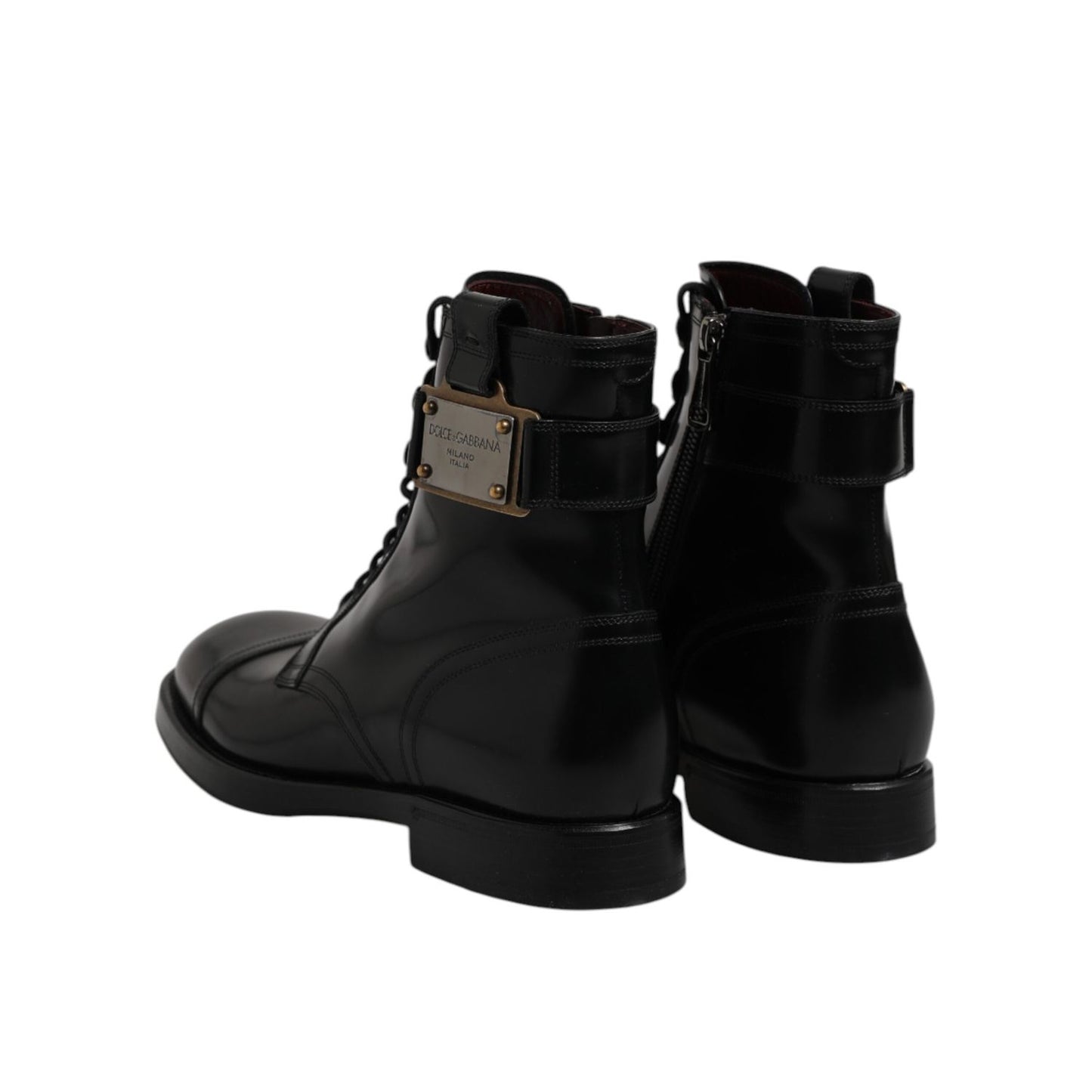 Dolce & Gabbana Black Leather Mid Calf Boots Lace Up Shoes