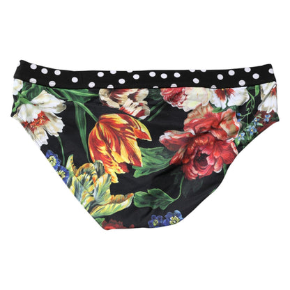 Dolce & Gabbana Black Floral Logo Beachwear Men Brief Swimwear