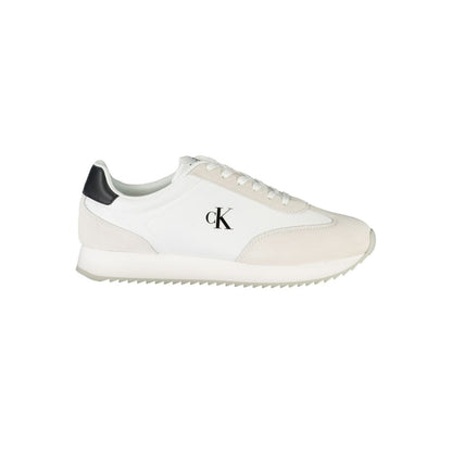 Calvin Klein White Leather Men Sneaker with black details and logo, side view.