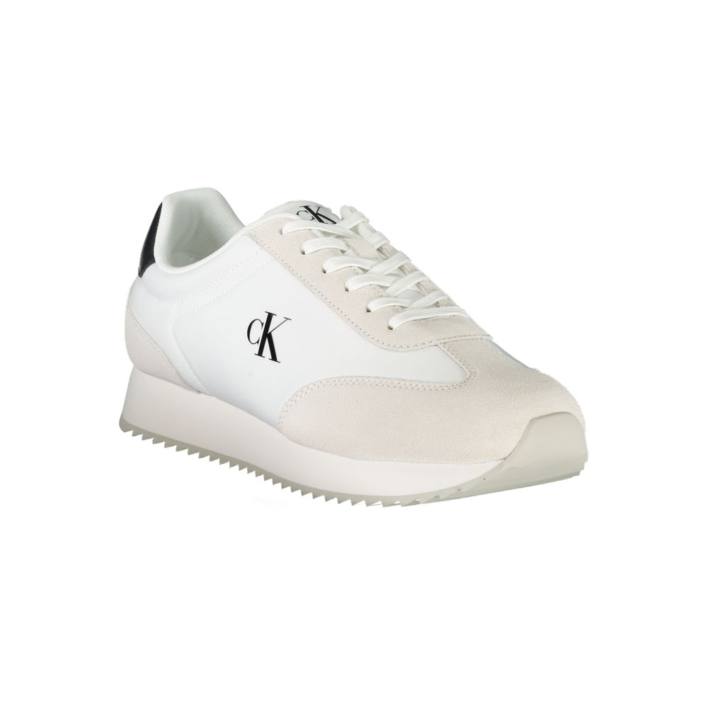 Calvin Klein White Leather Men Sneaker with black accents and logo print, featuring sleek design and removable footbed for comfort.