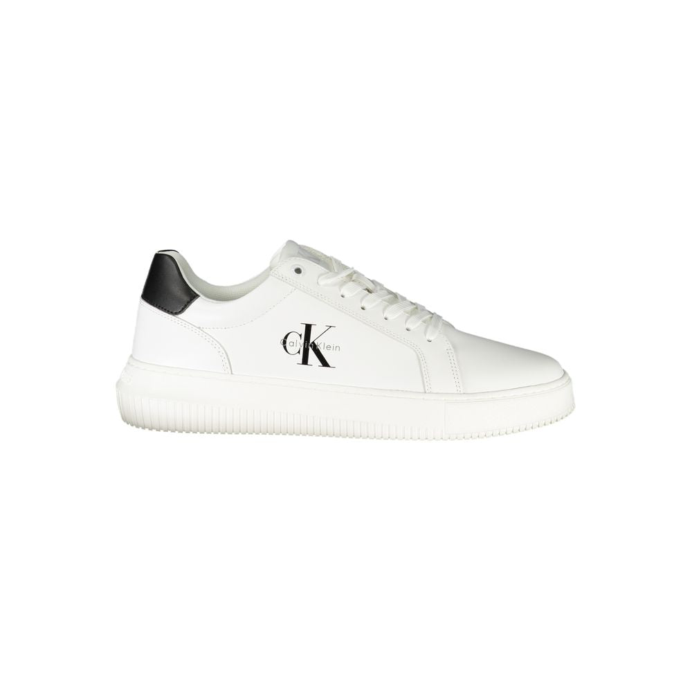 Calvin Klein White Leather Men Sneaker with black accents and logo detail, modern style footwear for men.