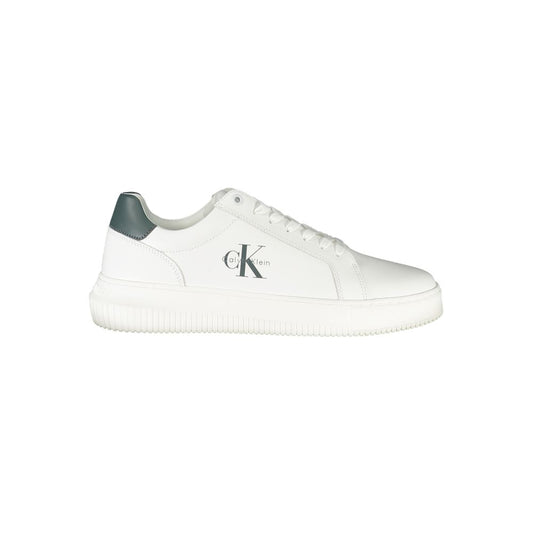 Calvin Klein White Leather Men Sneaker with green accents and logo detail, perfect for stylish sportswear enthusiasts.