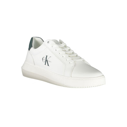 Calvin Klein White Leather Men Sneaker with green accents and logo, featuring sleek design and removable insole for style and comfort.