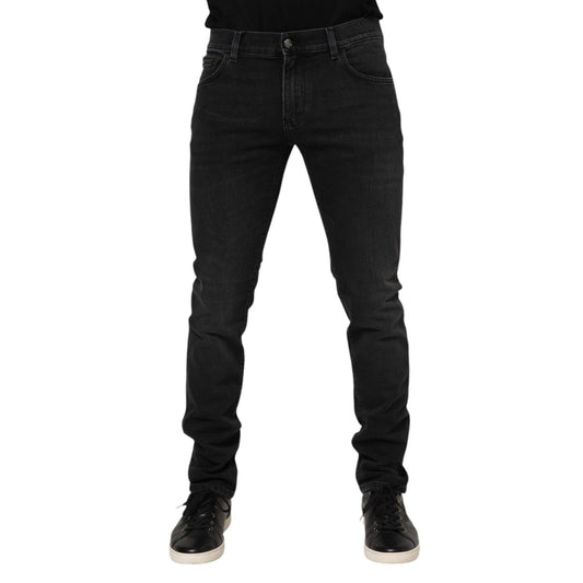 Dolce & Gabbana Black Washed Cotton Skinny Denim Jeans featuring zipper closure and logo details, made in Italy.