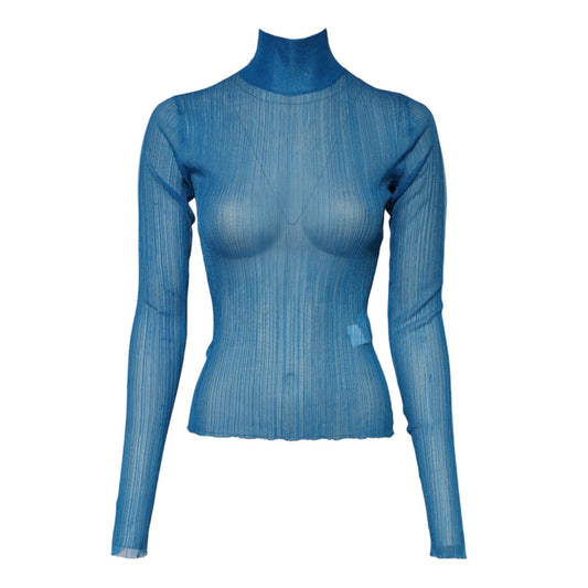 Dolce & Gabbana Blue See Through Turtleneck Long Sleeves Top TSH84324-38