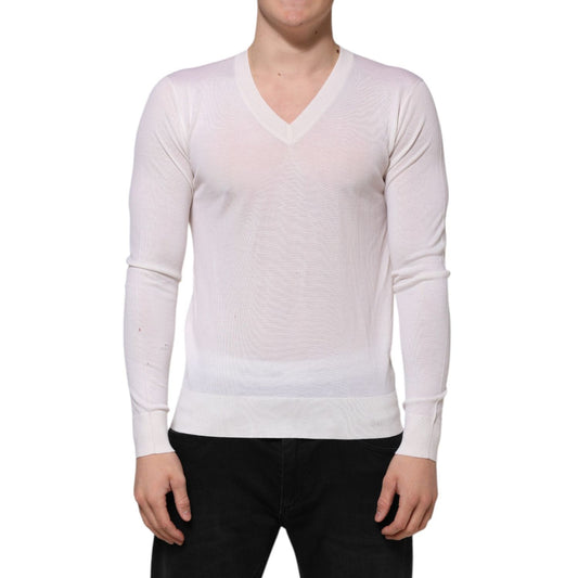 Dolce & Gabbana White Cashmere Logo V-neck Pullover Sweater TSH90551-46