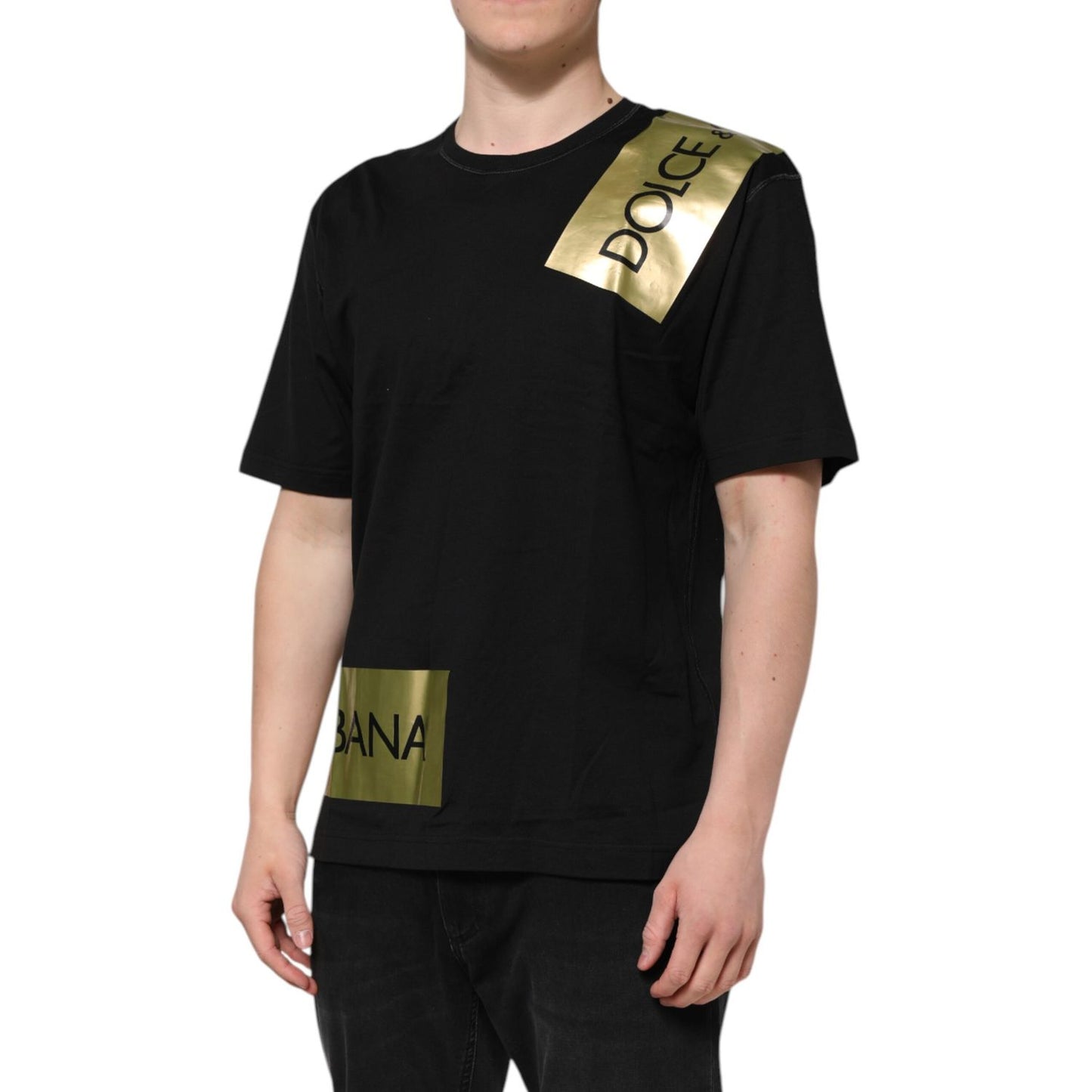 Dolce & Gabbana Black Logo Tape Cotton Men Crew Neck T-shirt