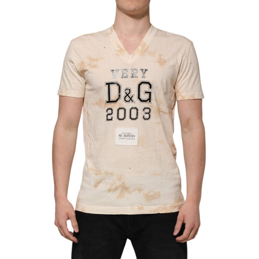 Dolce & Gabbana Beige Logo Print Short Sleeve V-neck T-shirt TSH90609-50