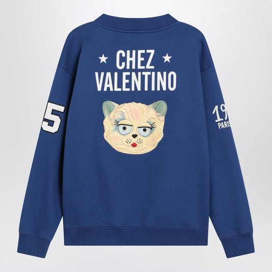 Valentino Blue sweatshirt with V and Le Chat de la Maison embroidery 7B3MF24V9KY/R_VALE-AF9_323