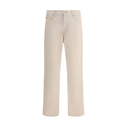 7FOR Beige Cotton Straight-Leg Jeans with five pockets, front zip-and-button closure, and belt loops for a modern and versatile look.