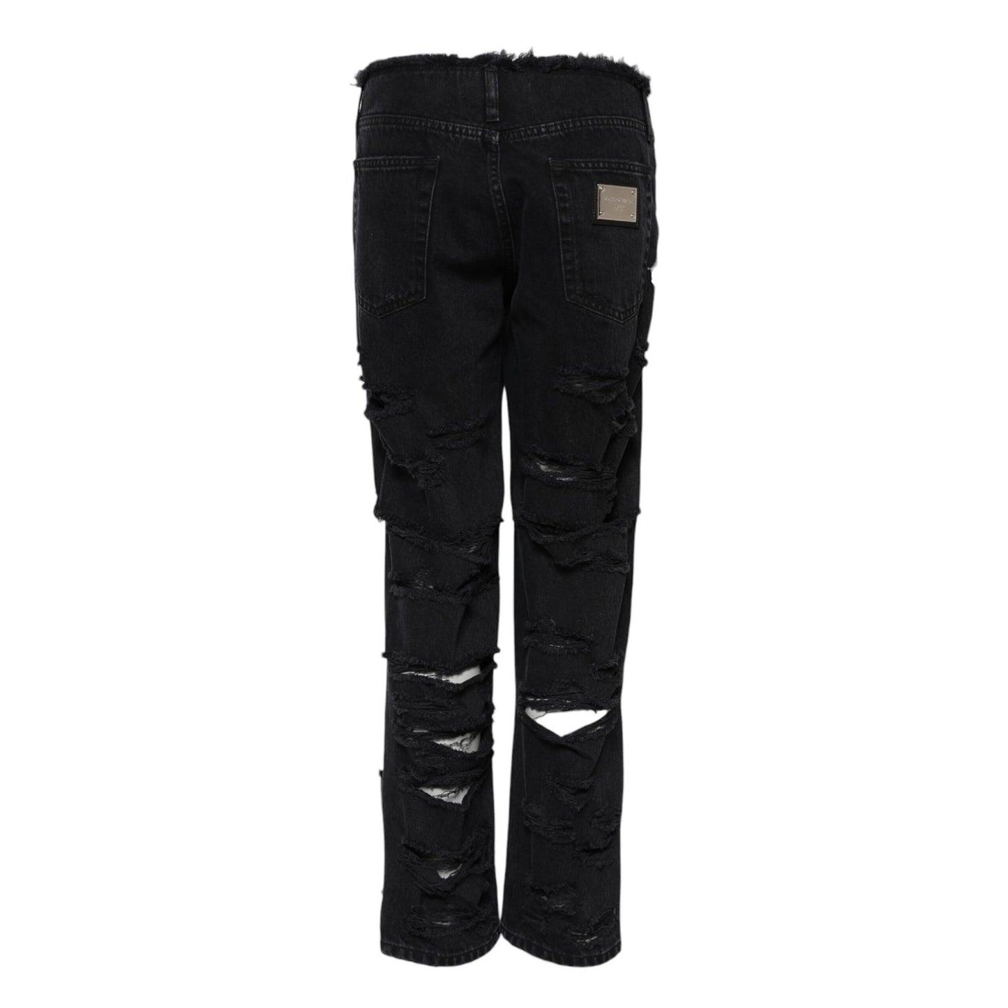 Dolce & Gabbana Black Cotton Tattered Mid Waist Denim Jeans