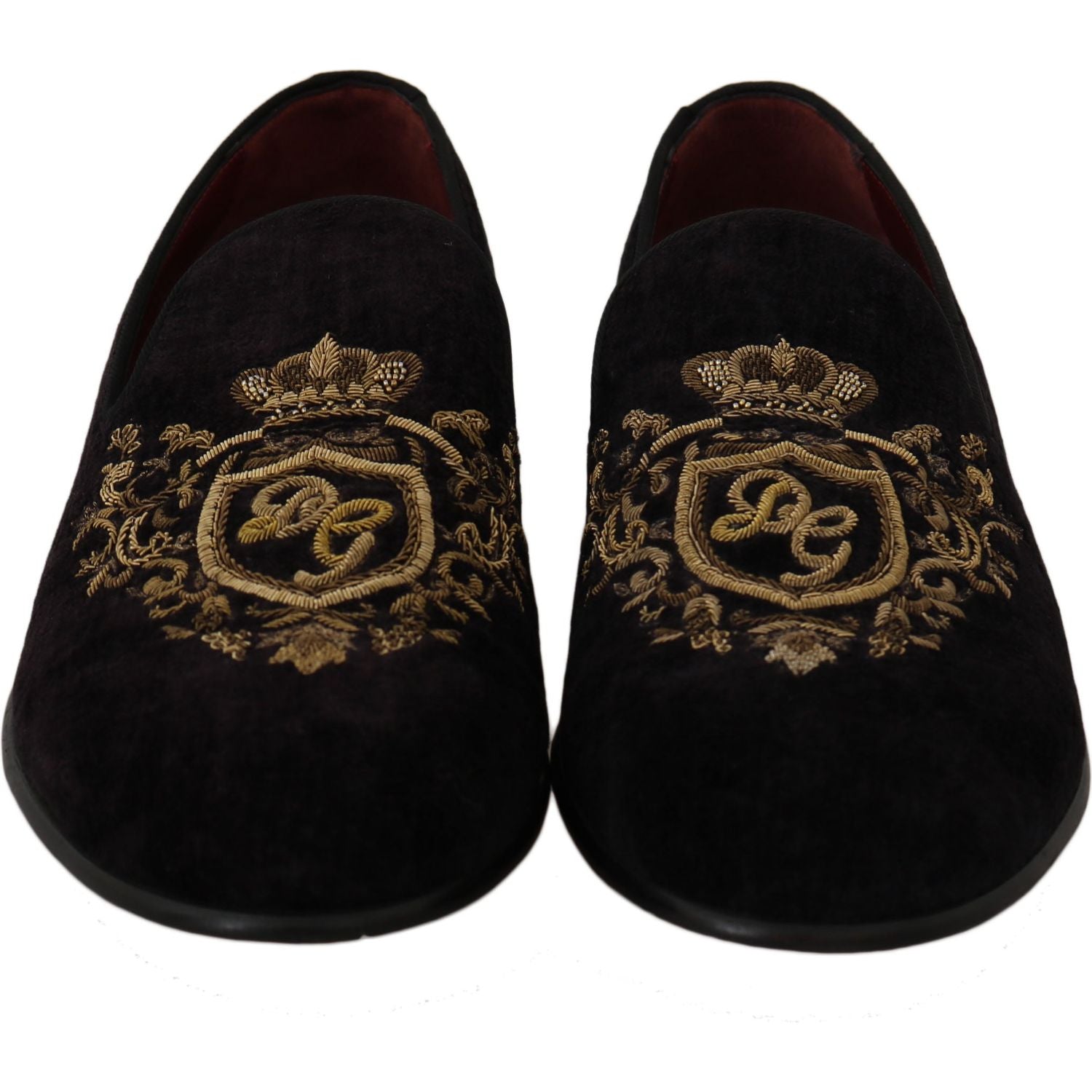 Dolce & Gabbana Loafers Black Velvet Gold Crown