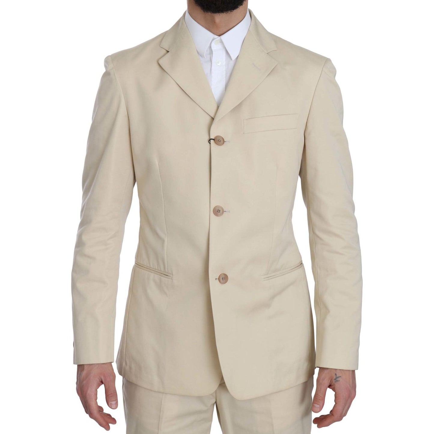 Romeo Gigli Two Piece 3 Button Beige Cotton Solid Suit KOS1441-46