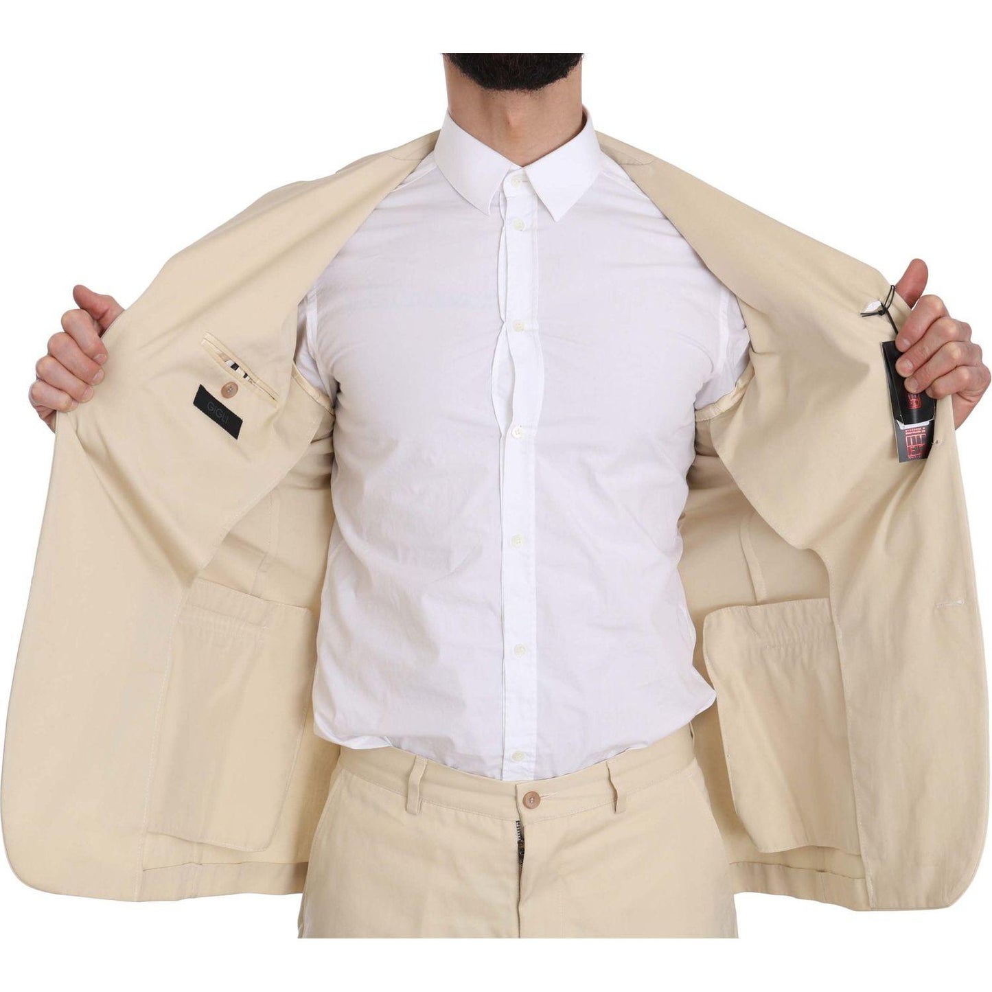 Romeo Gigli Two Piece 3 Button Beige Cotton Solid Suit KOS1441-46