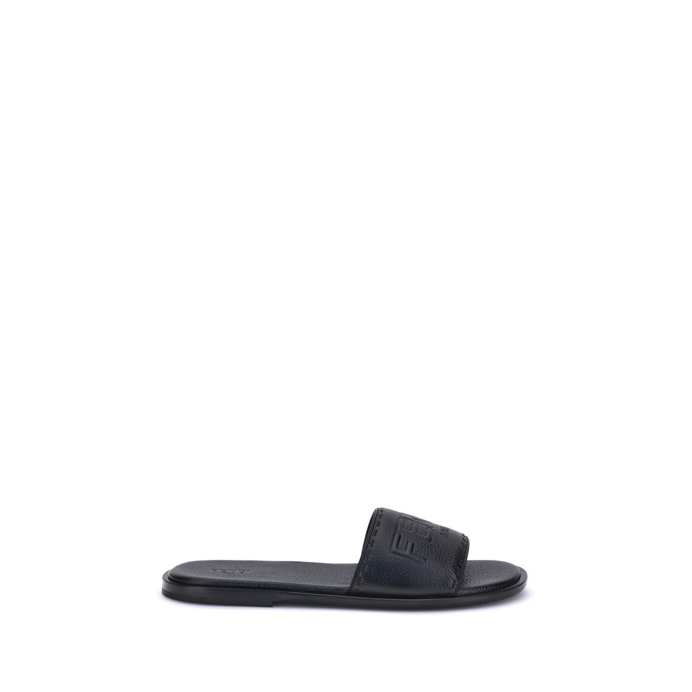Fendi Black Calf Leather Bos Taurus Flat Sandals