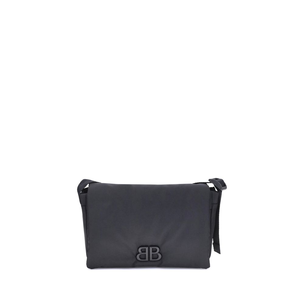 Balenciaga Black Polyamide Shoulder Bag with minimalist design and tone-on-tone logo plaque.