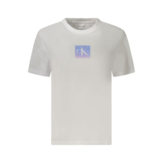 Calvin Klein White Cotton Women T-Shirt with iconic logo print, short sleeve, crew neck, minimalist style, perfect for modern trendsetters.
