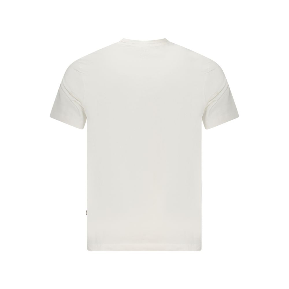 Back view of Guess Jeans White Cotton T-Shirt featuring short sleeves, regular fit, crew neck, and logo print made from organic cotton.