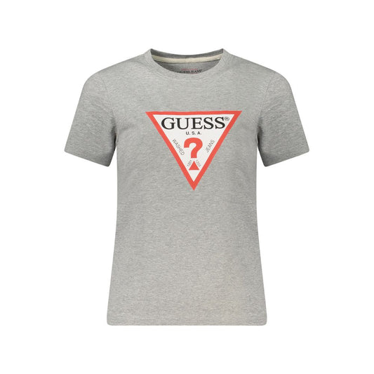 Guess Jeans Gray Cotton Women T-Shirt with bold logo print, slim fit, crew neck, short sleeves, for modern fashionista style.