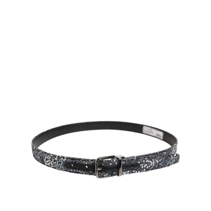 Dolce & Gabbana Black Sequins Silver Metal Logo Buckle Belt