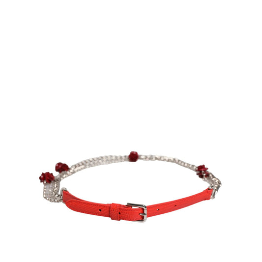 Dolce & Gabbana Red Leather Silver Chain Floral Cintura Belt WMB552-42