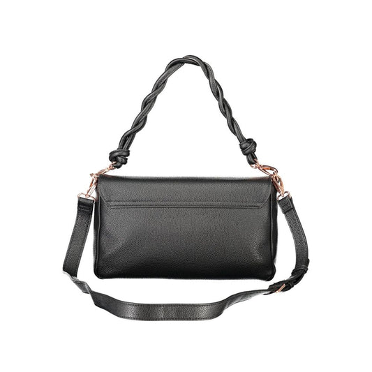 Mario Valentino Black Polyethylene Women Handbag with adjustable strap and braided handle, showcasing modern style and functionality.