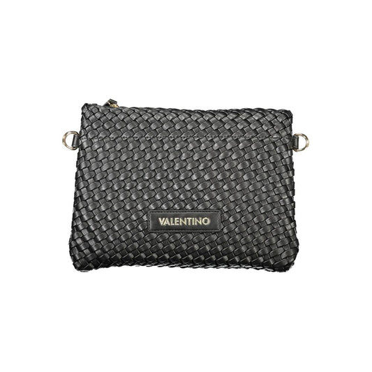 Mario Valentino Black Polyethylene Women Handbag with woven texture and logo, featuring zip closure and internal pocket for organization.