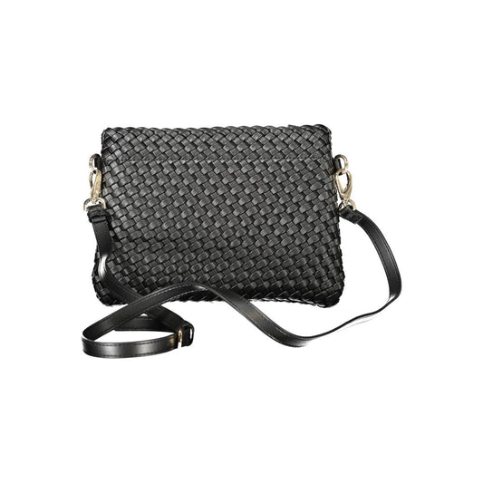 Stylish Mario Valentino Black Polyethylene Women Handbag with woven design and adjustable strap, featuring secure zip closure.